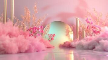 A dreamy pink and gold background with eucalyptus leaves, creating an atmosphere of luxury for product display in the style of surreal fantasy landscapes. photo