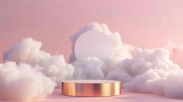 Smoke dances amidst clouds and sky, rising from a chimney A blend of nature and pollution creates an abstract, vintage scene, with Gold podium stage minimal abstract background. photo