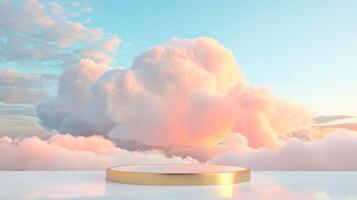 Smoke dances amidst clouds and sky, rising from a chimney A blend of nature and pollution creates an abstract, vintage scene, with Gold podium stage minimal abstract background. photo