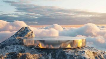 fumar bailes en medio de nubes y cielo, y oro geométrico Roca y rock forma fondo., Clásico escena, con oro podio etapa mínimo resumen antecedentes. foto