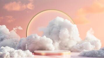 Smoke dances amidst clouds and sky, rising from a chimney A blend of nature and pollution creates an abstract, vintage scene, with Gold podium stage minimal abstract background. photo