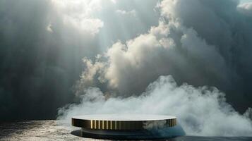 Smoke dances amidst clouds and sky, and gold geometric Stone and Rock shape background., vintage scene, with Gold podium stage minimal abstract background. photo