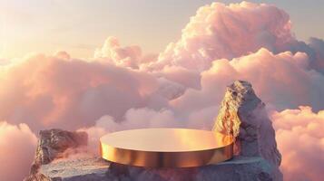 Smoke dances amidst clouds and sky, and gold geometric Stone and Rock shape background., vintage scene, with Gold podium stage minimal abstract background. photo