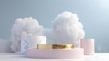 Smoke dances amidst clouds and sky, rising from a chimney A blend of nature and pollution creates an abstract, vintage scene, with Gold podium stage minimal abstract background. photo