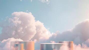 Smoke dances amidst clouds and sky, rising from a chimney A blend of nature and pollution creates an abstract, vintage scene, with Gold podium stage minimal abstract background. photo