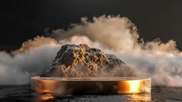 fumar bailes en medio de nubes y cielo, y oro geométrico Roca y rock forma fondo., Clásico escena, con oro podio etapa mínimo resumen antecedentes. foto