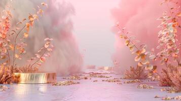 un soñador rosado y oro antecedentes con eucalipto hojas, creando un atmósfera de lujo para producto monitor en el estilo de surrealista fantasía paisajes foto