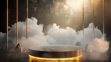 Smoke dances amidst clouds and sky, and gold geometric Stone and Rock shape background., vintage scene, with Gold podium stage minimal abstract background. photo
