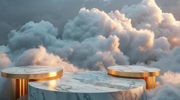 Smoke dances amidst clouds and sky, and gold geometric Stone and Rock shape background., vintage scene, with Gold podium stage minimal abstract background. photo