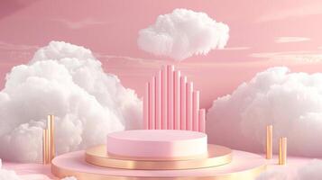 Smoke dances amidst clouds and sky, rising from a chimney A blend of nature and pollution creates an abstract, vintage scene, with Gold podium stage minimal abstract background. photo