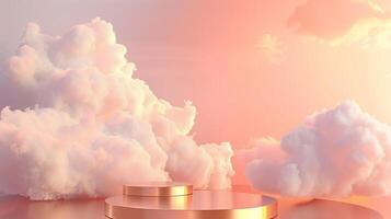 Smoke dances amidst clouds and sky, rising from a chimney A blend of nature and pollution creates an abstract, vintage scene, with Gold podium stage minimal abstract background. photo