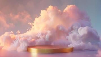 Smoke dances amidst clouds and sky, rising from a chimney A blend of nature and pollution creates an abstract, vintage scene, with Gold podium stage minimal abstract background. photo