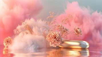 A dreamy pink and gold background with eucalyptus leaves, creating an atmosphere of luxury for product display in the style of surreal fantasy landscapes. photo