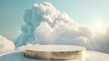 Smoke dances amidst clouds and sky, rising from a chimney A blend of nature and pollution creates an abstract, vintage scene, with Gold podium stage minimal abstract background. photo