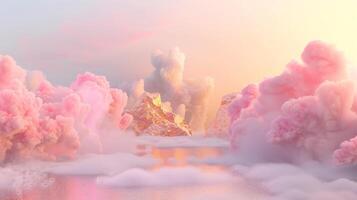 A dreamy pink and gold background with eucalyptus leaves, creating an atmosphere of luxury for product display in the style of surreal fantasy landscapes. photo