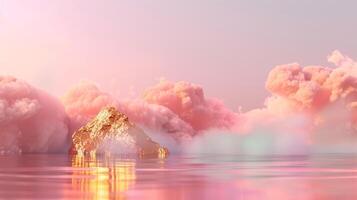A dreamy pink and gold background with eucalyptus leaves, creating an atmosphere of luxury for product display in the style of surreal fantasy landscapes. photo