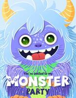 Monster party invitation. Happy Birthday greeting card. Festive postcard featuring a fluffy cartoon monster. design with a cute creature for your celebration event. Layered template with text. vector