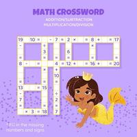 Math Crossword puzzle for children. Addition, subtraction, multiplication and division. Counting up to 20. illustration. Game with cartoon cute mermaid. Task, education material for kids. vector