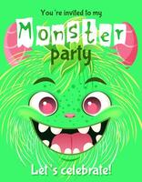 Monster party invitation. Happy Birthday greeting card. Festive postcard featuring a fluffy cartoon monster. design with a cute creature for your celebration event. Layered template with text. vector