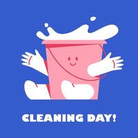 The bucket of water and foam is smiling. Funny cute character. Cleaning day sticker. vector