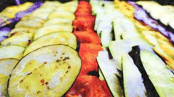 watercolor representing vegetables cut into thin slices in a pan and ready to be baked. photo