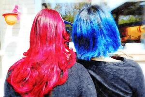 watercolorstyle representing two young women seen from behind with red and blue hair photo