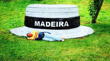 digital acuarela estilo de un persona descansando estirado fuera en frente de un enorme Paja sombrero con el inscripción madeira foto