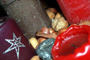 Walnuts and hazelnuts in the midst of Christmas decorations photo