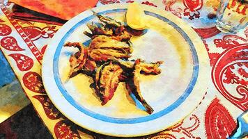 watercolorstyle representing a plate of fried anchovies with lemon ready to serve photo