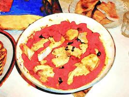 watercolorstyle representing a pan with fish fillets in tomato sauce ready to serve photo