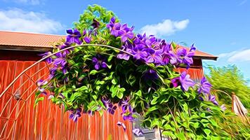 Digital painting style depicting flowers of purple flowers near a wooden house photo