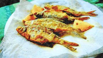 watercolorstyle representing a plate of small fried fish with lemon ready to serve photo