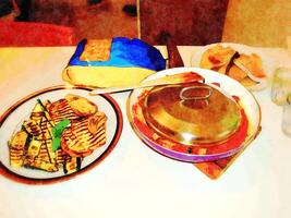 watercolorstyle representing a pan with fish fillets in tomato sauce, a plate of courgettes and grilled aubergines and a pack of pasta photo