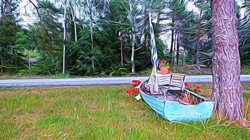 Digital painting style representing a wooden boat with a coffee table and the Greek flag at the foot of a tree photo