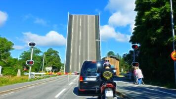 Digital painting style representing a car, a motorcycle and pedestrians standing at a drawbridge raised to the sky photo