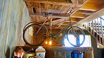 Digital painting style representing an ancient bicycle kept in a wooden hut photo