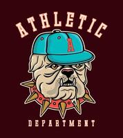 illustration of bulldog with cap in mascot style. Art with lettering in college style. vector