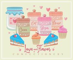 Confectionery ingredients and cakes and cupcakes. Art in a simple and delicate style. vector