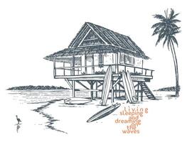 handmade illustration with free and stripped lines of beach house with surfboards. vector