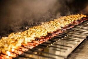 Grilled Assortment of Meats and Vegetables Cooking on an Outdoor Barbecue. photo