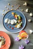 Deliciously Plated Food on Wooden Table photo