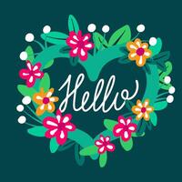 A postcard with a hand-lettered hello, with a frame in the form of a heart and flowers vector