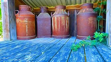 Digital painting style representing ancient metal containers for milk photo