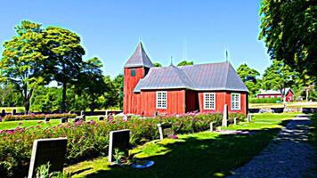 Digital painting style representing a small church with a small cemetery in the Scandinavian countryside photo