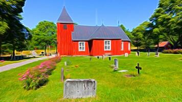 Digital painting style representing a small church with a small cemetery in the Scandinavian countryside photo