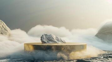 Smoke dances amidst clouds and sky, and gold geometric Stone and Rock shape background., vintage scene, with Gold podium stage minimal abstract background. photo