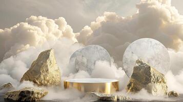 Smoke dances amidst clouds and sky, and gold geometric Stone and Rock shape background., vintage scene, with Gold podium stage minimal abstract background. photo