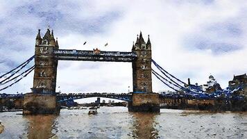 An evening glimpse of the famous London Bridge in England. Digital watercolor style. photo