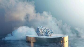 Smoke dances amidst clouds and sky, and gold geometric Stone and Rock shape background., vintage scene, with Gold podium stage minimal abstract background. photo