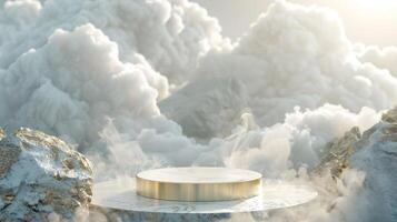 Smoke dances amidst clouds and sky, and gold geometric Stone and Rock shape background., vintage scene, with Gold podium stage minimal abstract background. photo